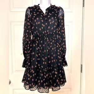 Paris Atelier black print fit & flare flowy dress with long sheer sleeves sz 4
